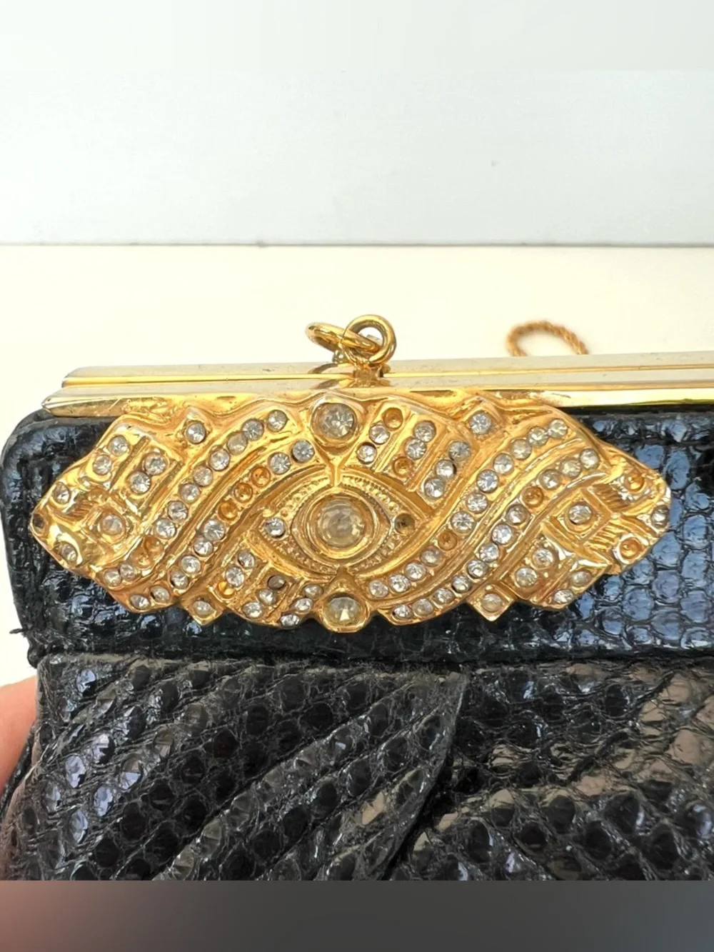 CAROL FIORI Italy Vintage Black Snake Leather Rhinestone Cocktail Evening Purse
